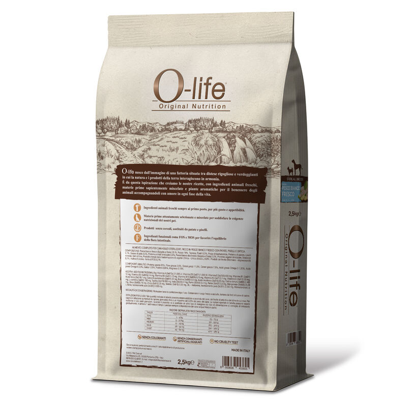 O-life Dog All breeds Sterilised ricco in Pesce Bianco con patate, piselli e ortica 2,5kg