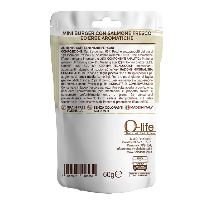 O-life Dog Mini Burger con Salmone fresco ed Erbe aromatiche 60gr