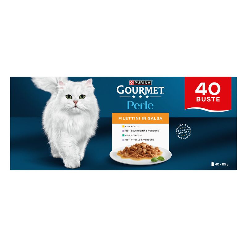 Gourmet Perle Cat Adult Filettini in salsa Pollo, Coniglio, Selvaggina e Vitello 85grx40pz