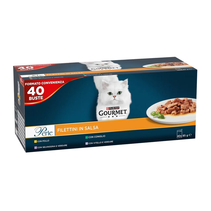Gourmet Perle Cat Adult Filettini in salsa Pollo, Coniglio, Selvaggina e Vitello 85grx40pz