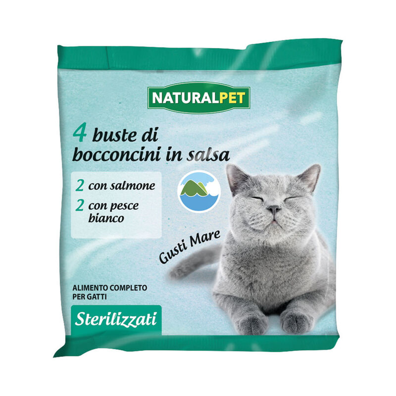 Naturalpet Cat Sterilizzati Gusti Mare, con Salmone o Pesce Bianco in salsa 4x85 gr