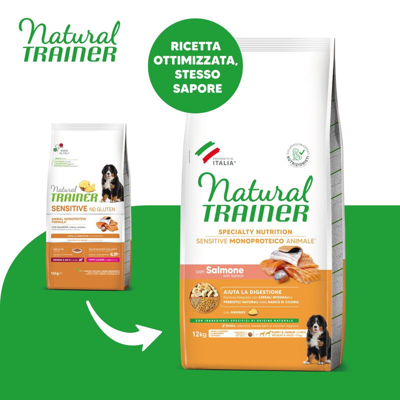 Natural Trainer Sensitive No Gluten Dog Medium&Maxi Puppy&Junior con salmone 12 kg
