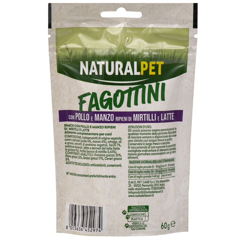 Naturalpet Fagottini Snack Dog Adult con pollo e manzo ripieni di mirtilli e latte 90gr