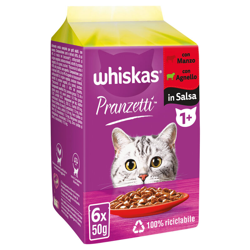 Whiskas Pranzetti Carni Miste in Salsa con Manzo e Agnello 6x50gr