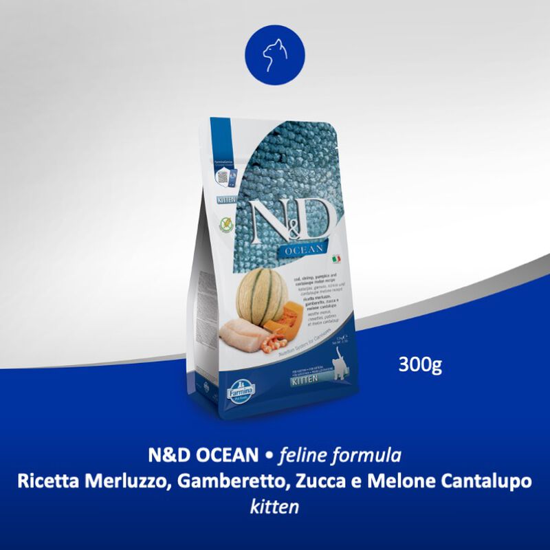 Farmina N&D Ocean Cat Kitten Merluzzo, Gamberetto, Zucca e Melone cantalupo 300 gr