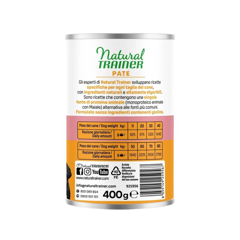 Natural Trainer Cane Adulto Medium&Maxi Adult Pat&eacute; con Maiale 400 gr