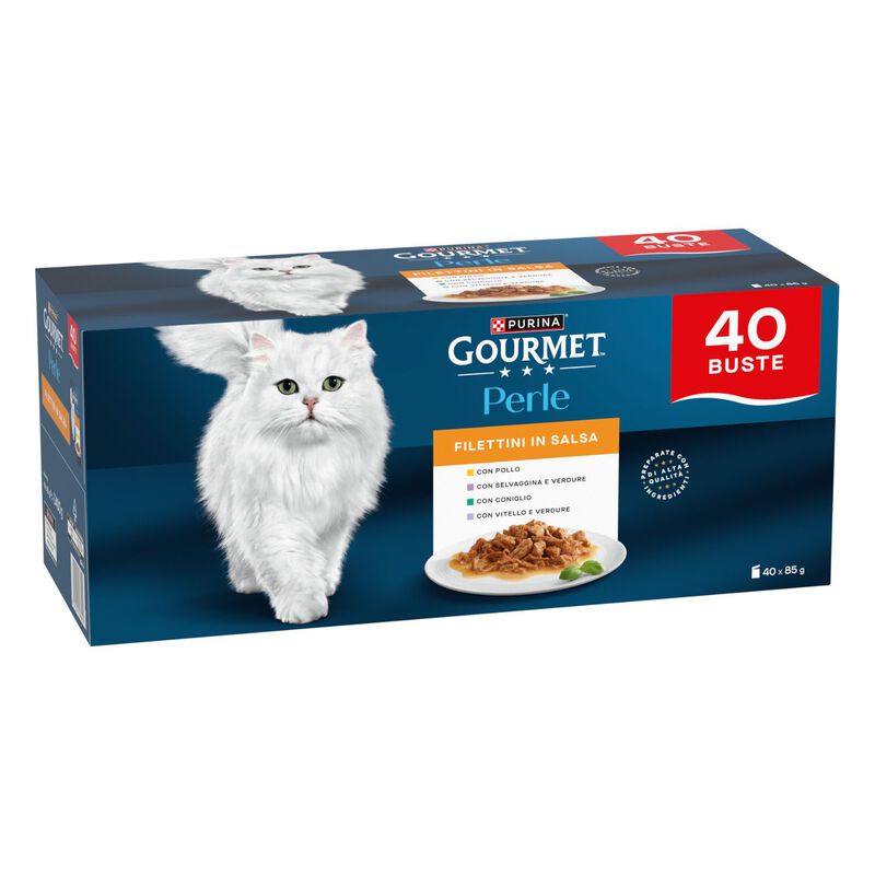 Gourmet Perle Cat Adult Filettini in salsa Pollo, Coniglio, Selvaggina e Vitello 85grx40pz