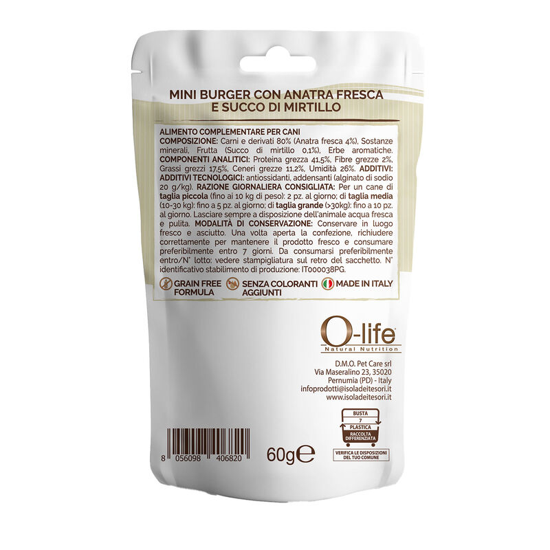 O-life Dog Adult Mini Burger Anatra e Mirtillo 60gr