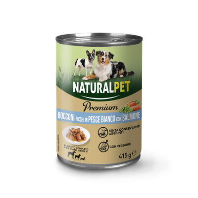 Naturalpet Premium Bocconi ricchi in pesce bianco con salmone 415gr