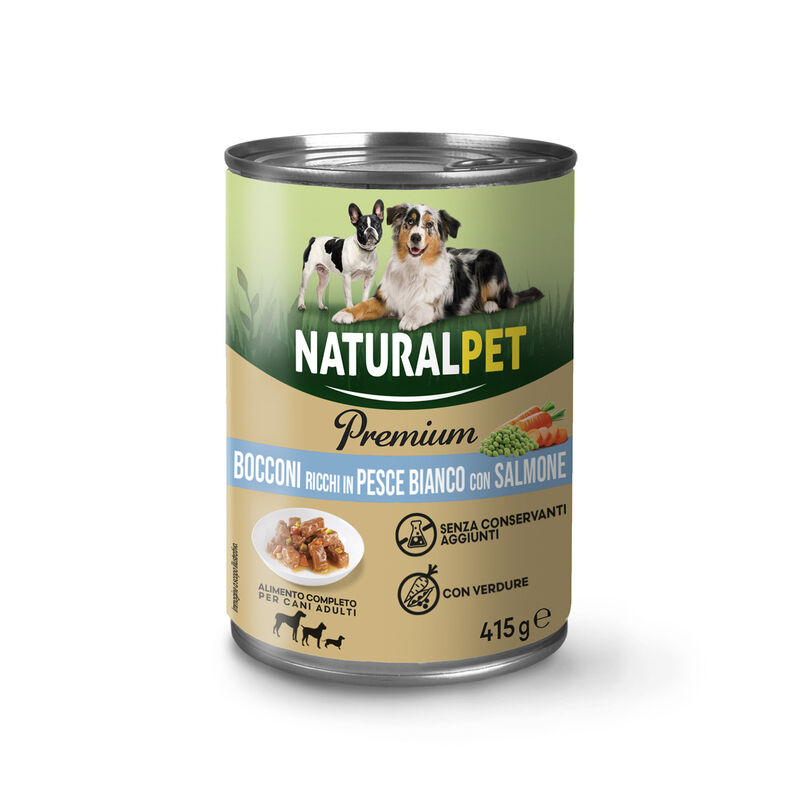Naturalpet Premium Bocconi ricchi in pesce bianco con salmone 415gr