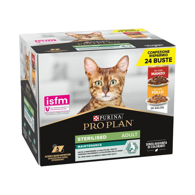 Purina Pro Plan Cat Adult Sterilised Maintenance con Manzo e Pollo in Salsa 24 x 85 gr