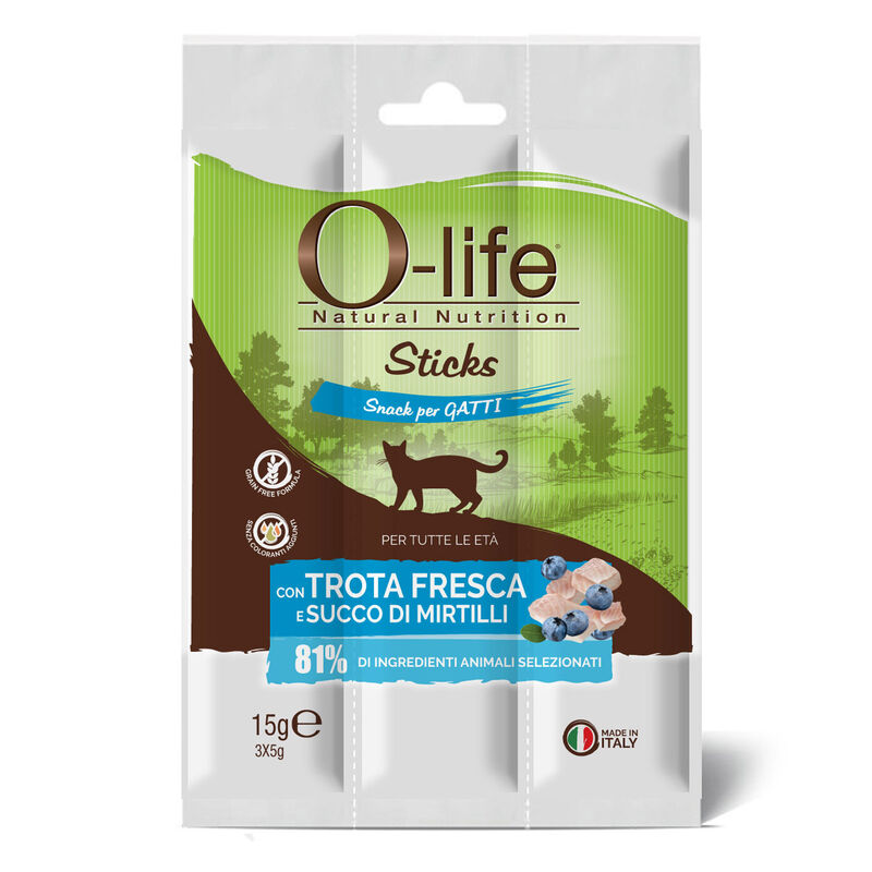 O-life Cat Stick Snack con Trota Fresca e Succo di Mirtilli 15 gr