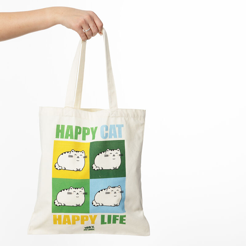 Shopper in tessuto con stampa Happy Cat