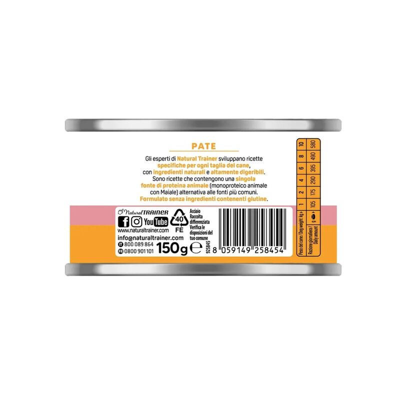 Natural Trainer Dog Adult Small&Toy Pat&eacute; Monoproteico con Maiale 150 gr