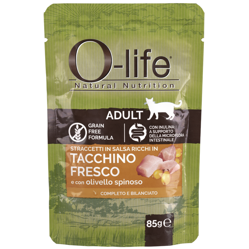 O-life Cat Adult Straccetti in salsa con Tacchino fresco con olivello spinato 85 gr