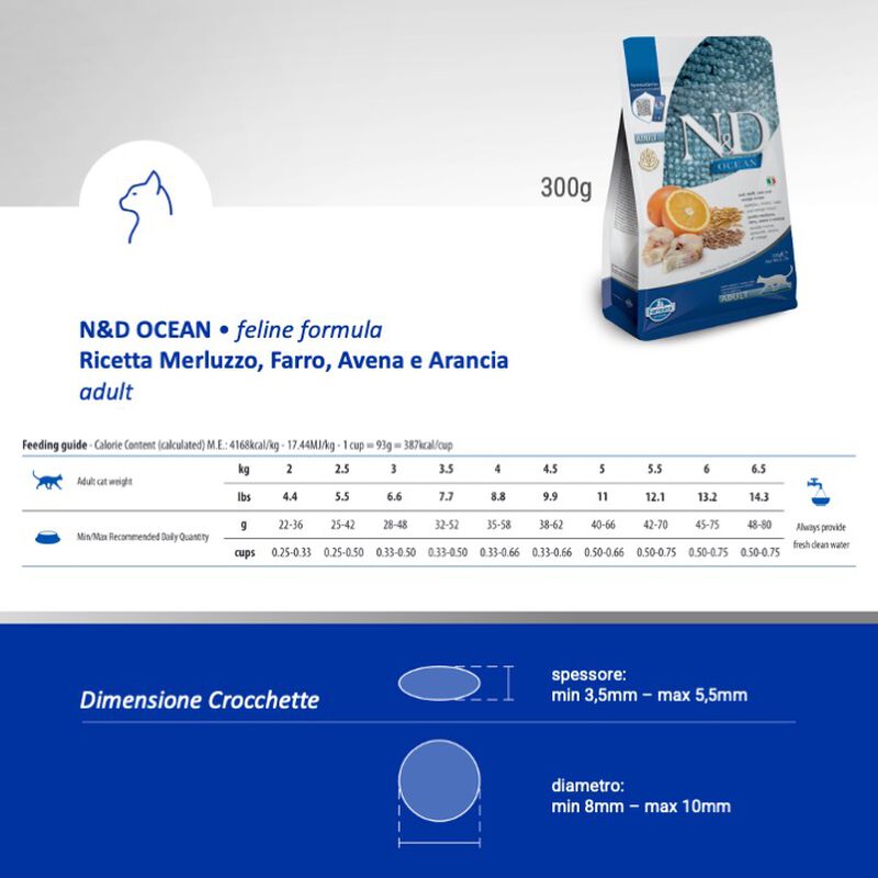 Farmina N&D Ocean Cat Adult Merluzzo, Farro, Avena e Arancia 300 gr