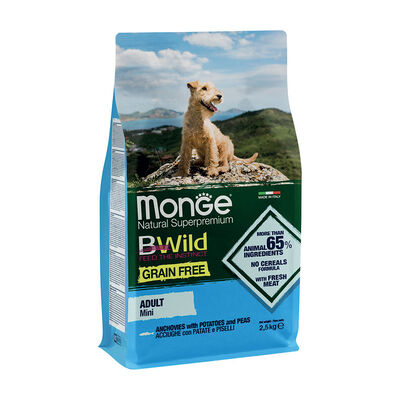 Monge Natural Superpremium BWild Grain Free Cani adulti di piccola taglia Acciughe Patate e Piselli 2,5 kg