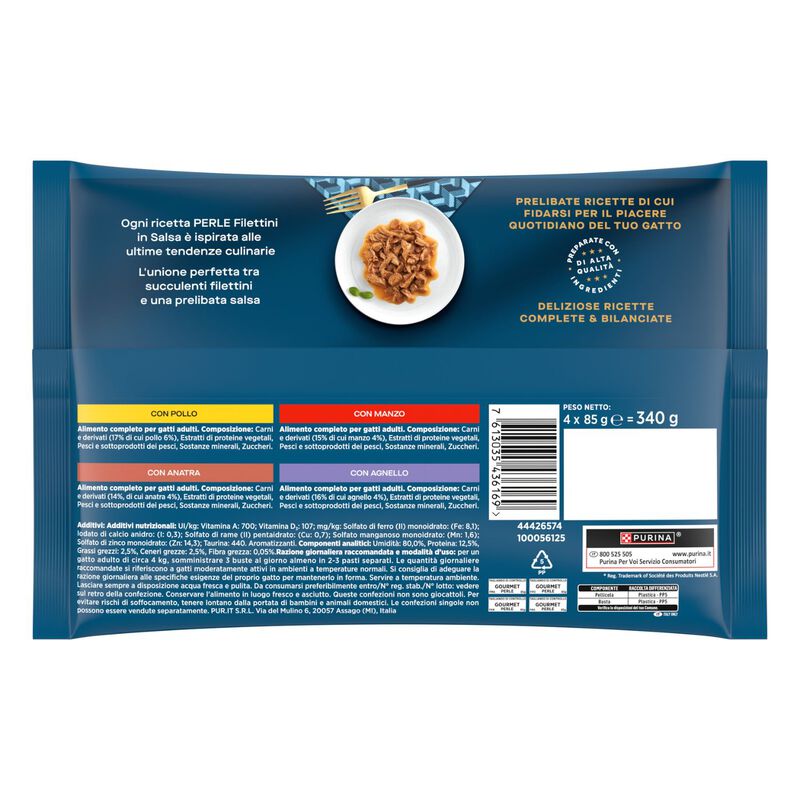 Gourmet Perle Cat Adult Filettini in Salsa con Manzo Pollo Agnello e Anatra 4 x 85 gr