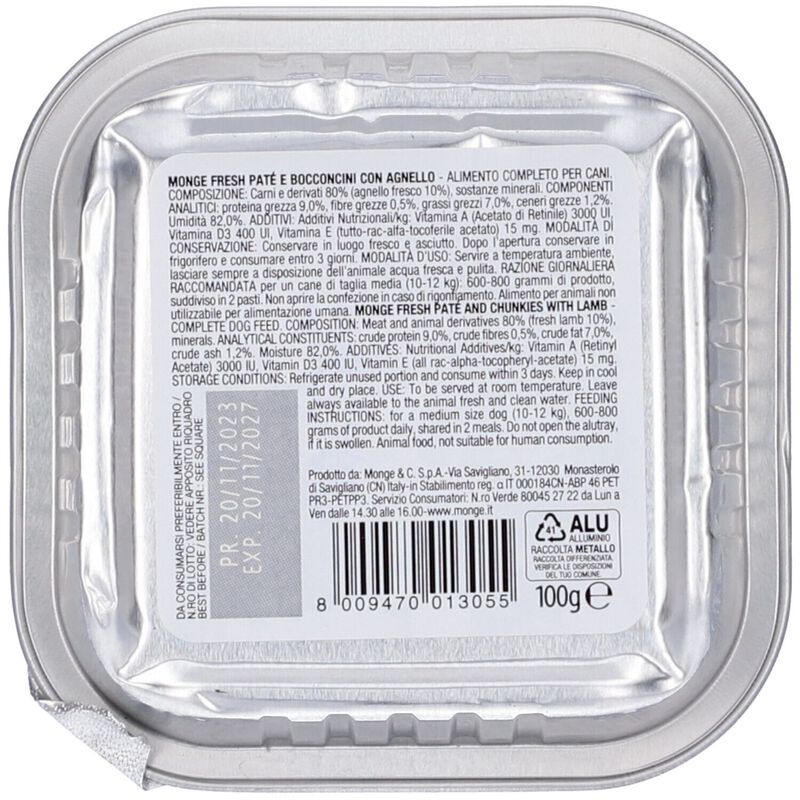 Monge Fresh per cani adulti Paté con Bocconcini di Agnello 100 gr