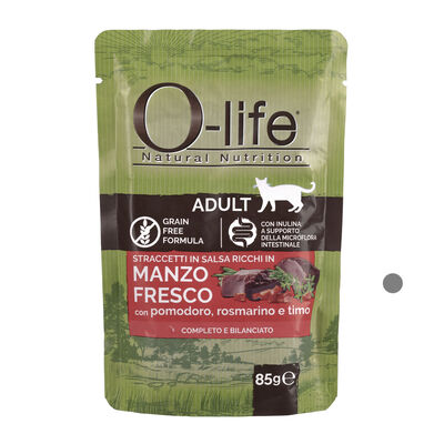 O-life Cat Adult Straccetti in salsa ricchi in Manzo fresco pomodoro rosmarino e timo 85 gr