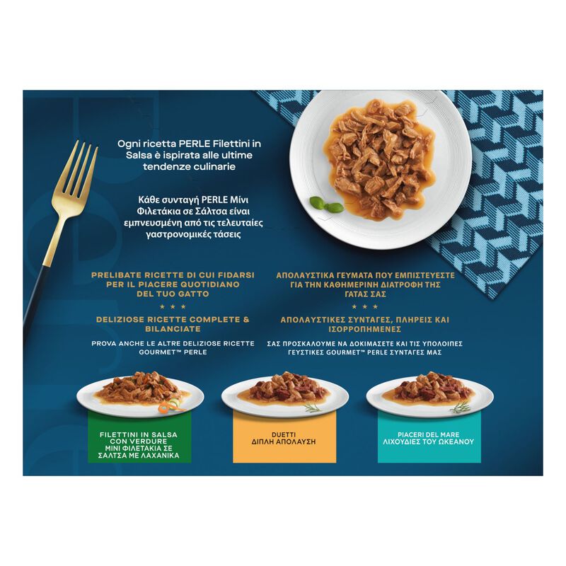 Gourmet Perle Cat Adult Filettini in Salsa Tacchino Tonno Anatra e Agnello 8 x 85 gr