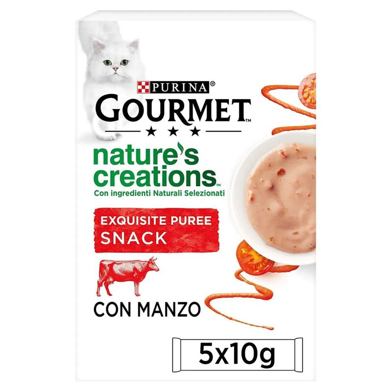 Gourmet Nature's Creations Snack per gatti Exquisite Puree Manzo e Pomodoro 5 x 10 gr