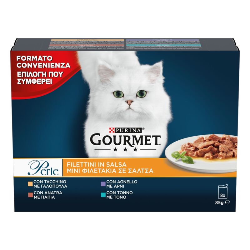 Gourmet Perle Cat Adult Filettini in Salsa Tacchino Tonno Anatra e Agnello 8 x 85 gr