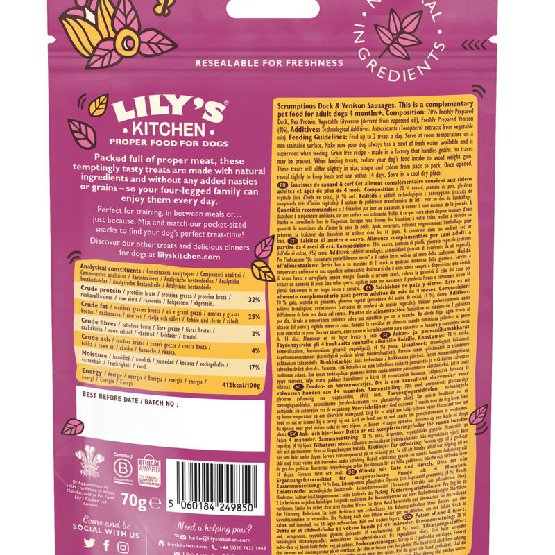 Lily's Kitchen Dog Adult Snack Scrumptious Duck and Venison Sausages, Salsicce di Anatra e Cervo 70 gr