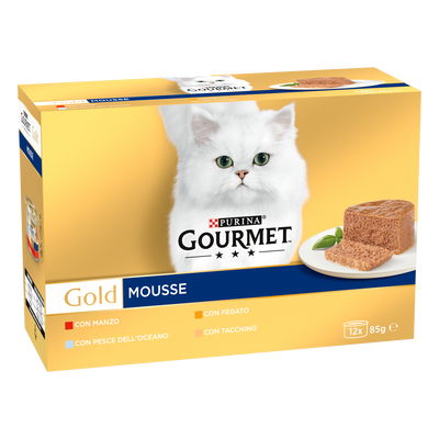Gourmet Gold Cat Adult  Mousse con Manzo, Pesce dell'Oceano, Tacchino, Fegato 12x85 gr
