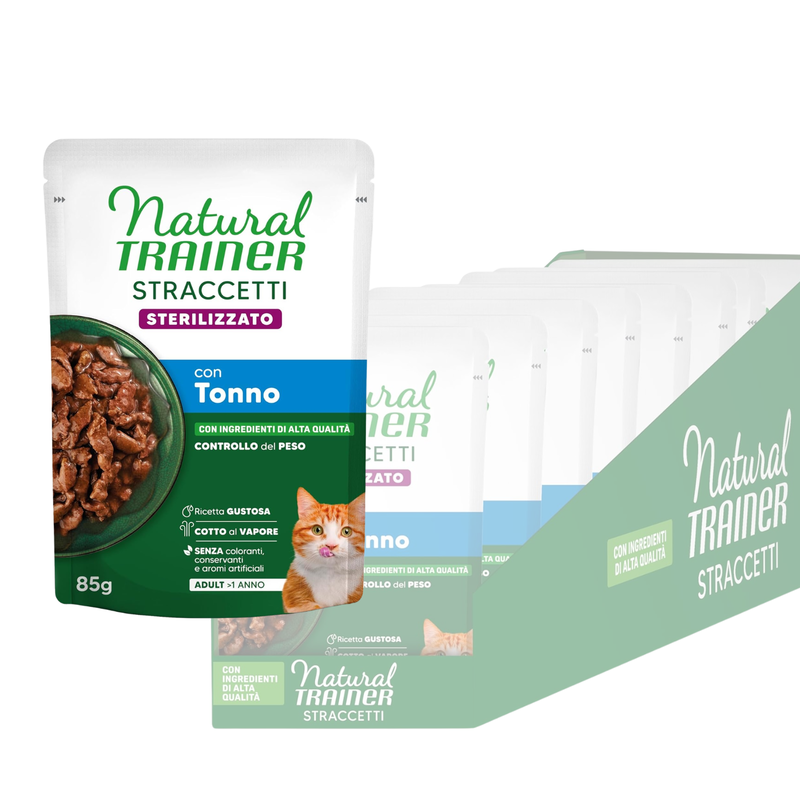 Natural Trainer Cat Adul Sterilised straccetti con tonno 85gr