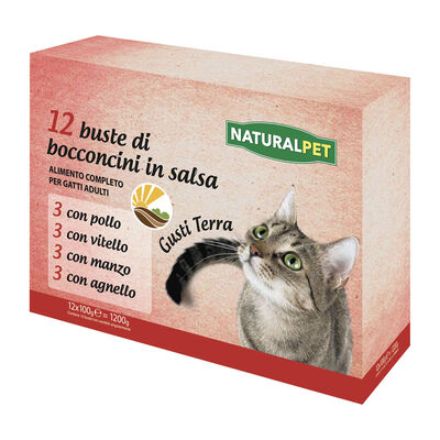 Naturalpet Cat Adult Gusti Terra con Pollo, Vitello, Manzo, o Agnello in salsa 12x100 gr