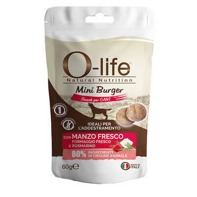 O-life Dog Snack Mini Burger con Manzo fresco, Formaggio fresco e Rosmarino 60 gr