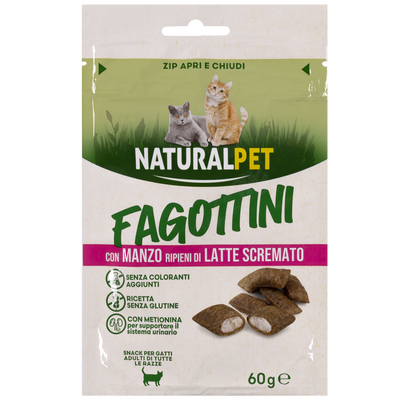 Naturalpet Snack Cat Sterilised  Fagottini con Manzo ripieni di Latte scremato 60gr