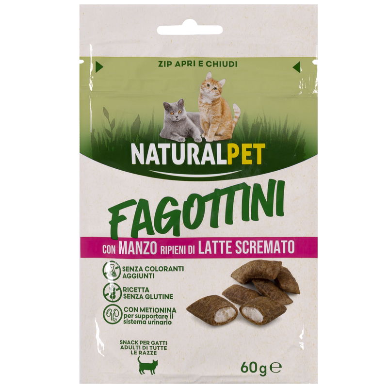 Naturalpet Snack Cat Sterilised  Fagottini con Manzo ripieni di Latte scremato 60gr