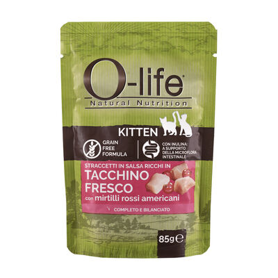 O-life Kitten Straccetti in salsa ricchi in Tacchino fresco e mirtilli rossi americani 85 gr