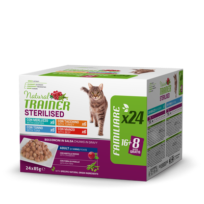 Natural Trainer Bocconcini per Gatti Adulti Steril con Merluzzo, Tacchino, Tonno e Manzo 85grx24pz