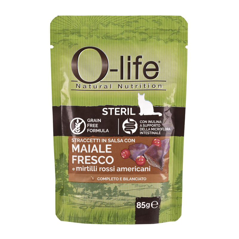 O-life Cat Adult Sterilised Straccetti in salsa con Maiale fresco e Mirtilli rossi americani 85 gr