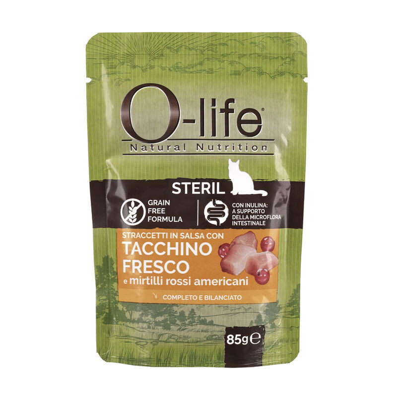 O-life Cat Adult Sterilised Straccetti in salsa con Tacchino fresco e Mirtilli rossi americani 85 gr