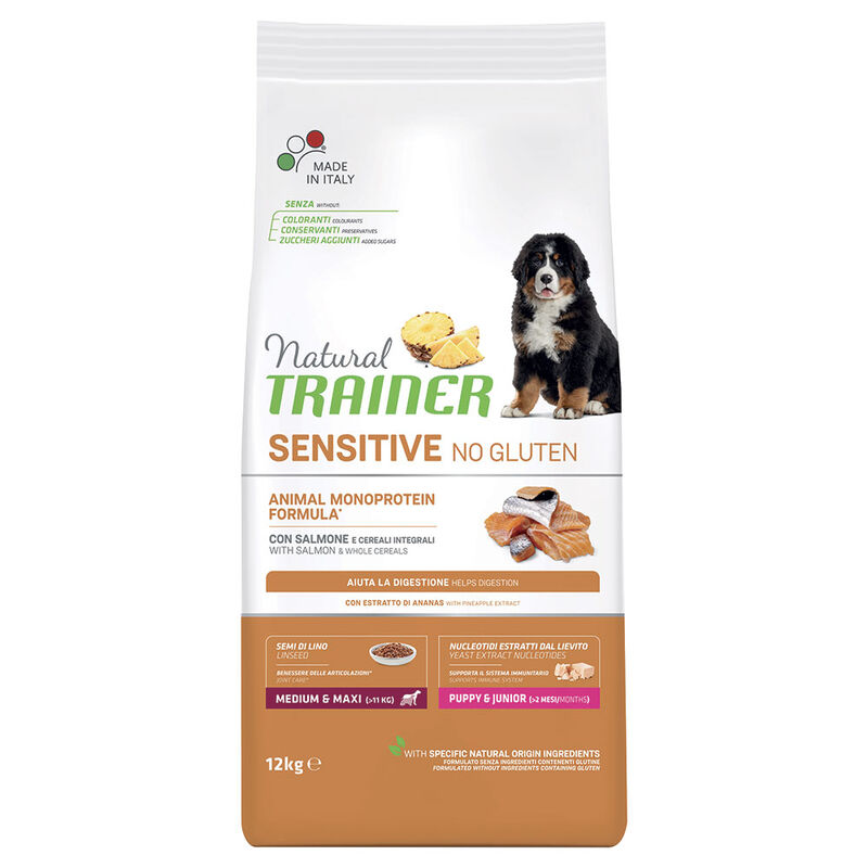 Natural Trainer Sensitive Dog No Gluten Medium & Maxi Puppy & Junior con Salmone 12 kg.