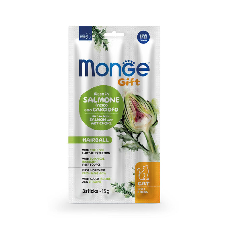 Monge Gift Cat Adult Snack Hairball Ricco in Salmone fresco con Carciofo 15 gr
