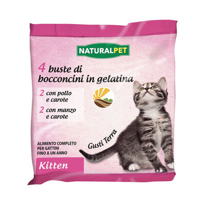 Naturalpet Cat Kitten Gusti Terra bocconcini in gelatina, con Pollo e Carote con Manzo e Carote  4x100 gr