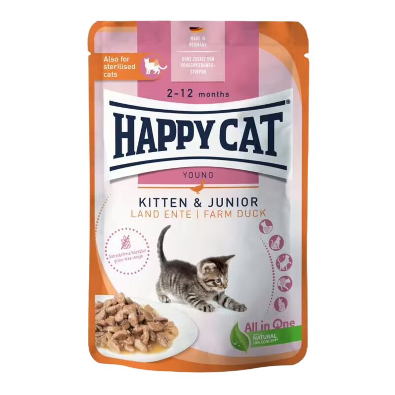 Happy Cat Kitten & Junior Farm con Anatra in Salsa 85 gr