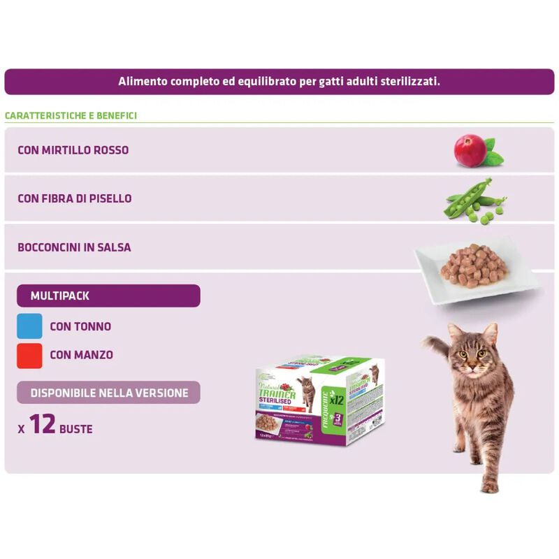 Natural Trainer Cat Adult Sterilised al Tonno e Manzo 12 pz x 85 gr