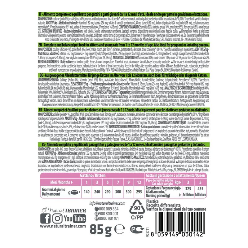 Natural Trainer Cat Kitten&Young al Pollo 85 gr