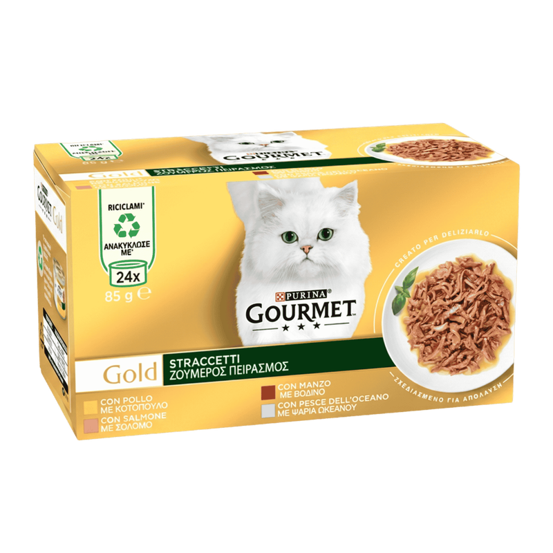 Gourmet Gold Straccetti Multipack Manzo, Pollo, Pesce dell'Oceano, Salmone 85grx24pz