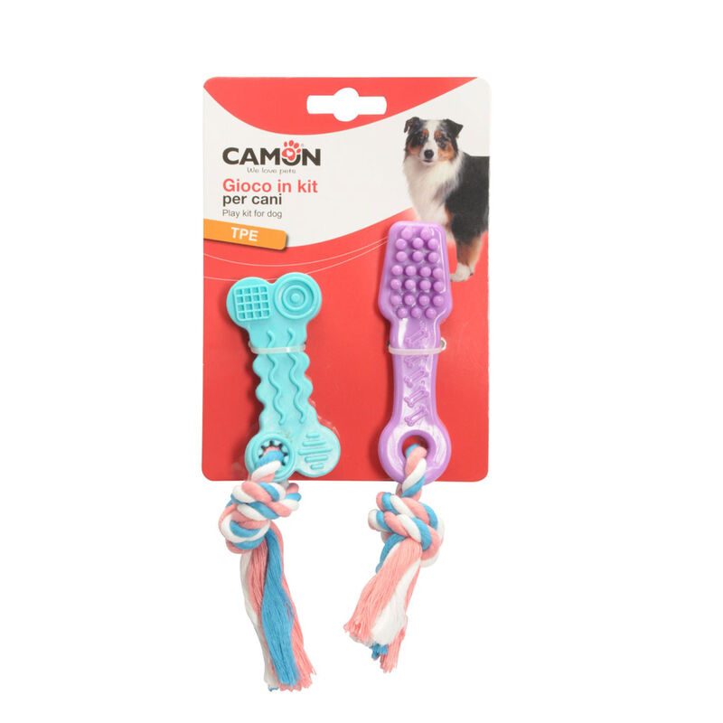 Camon Kit Gioco Spazzolino e osso in TPE con corda 10 cm