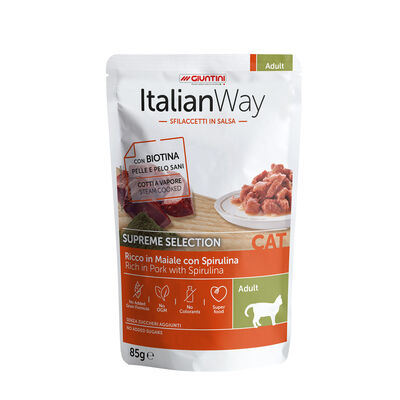 Italianway Cat Adult Supreme Selection Sfilaccetti in salsa Maiale e Spirulina 85 gr