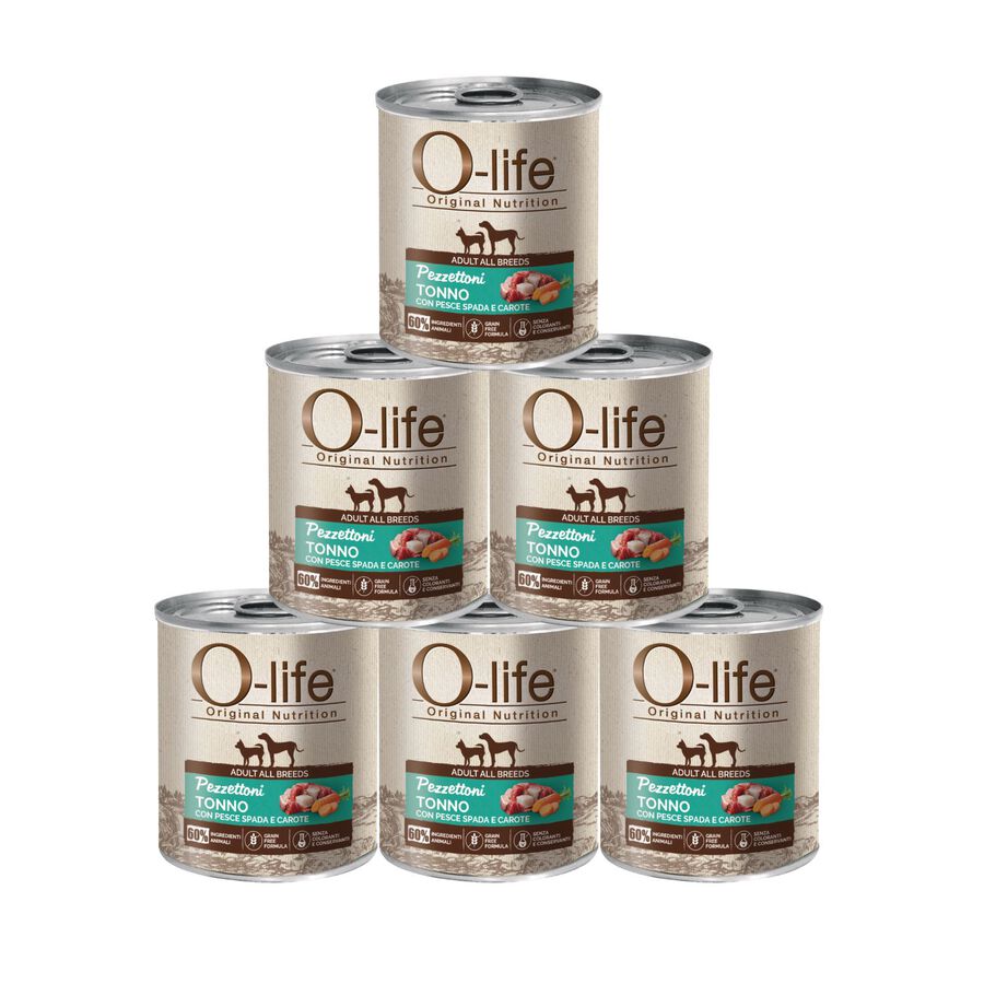 O-life Dog Adult All breeds Pezzettoni Tonno con pesce spada e carote 400gr