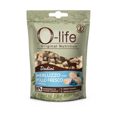 O-life Cat Adult Snack Dadini Merluzzo fresco con pollo fresco e mirtilli 50gr