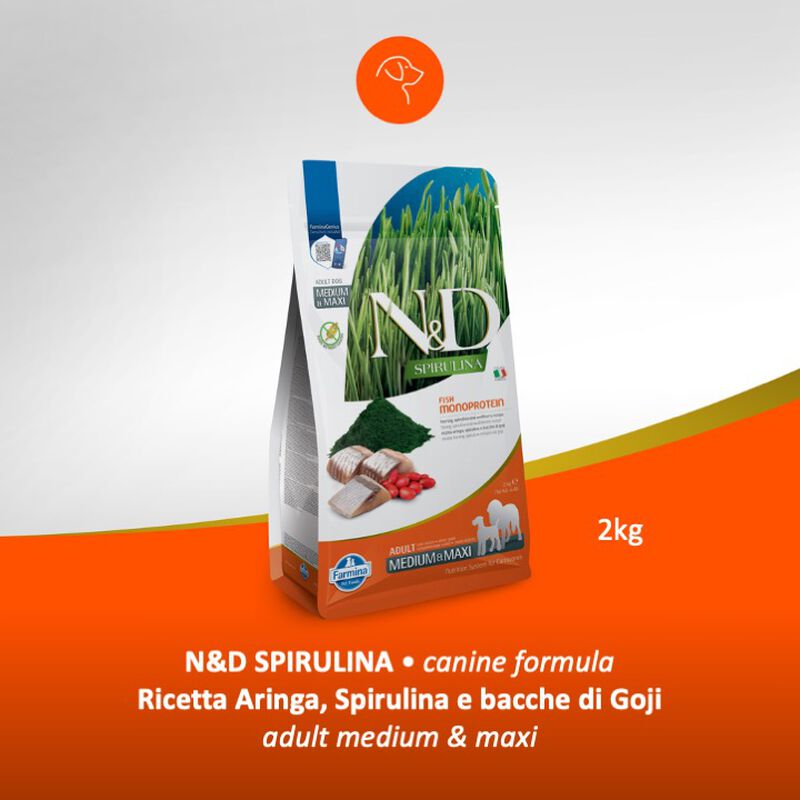 Farmina N&D Spirulina Dog Adult Medium&Maxi Aringa Spirulina e Bacche di Goji 2 kg - Scad. Dicembre 25